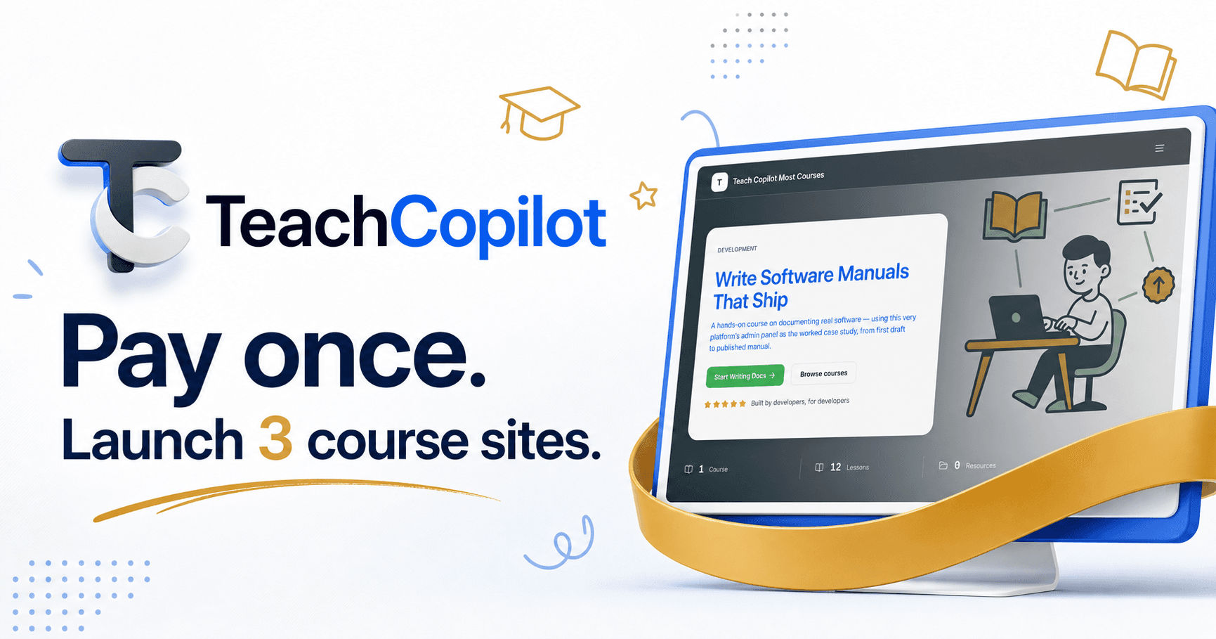 TeachCopilot social share image with product preview and pay once 3 course sites message
